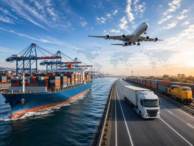 Container ship leaving a crane lined berth with an aircraft overhead, an articulated truck and a container train alongside